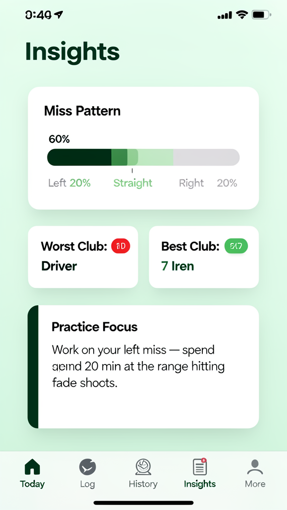 ShotNotes miss pattern insight screen showing left and right miss distribution