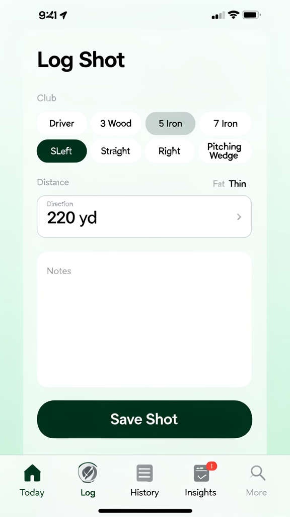 ShotNotes shot logging screen with club, distance, lie and miss direction