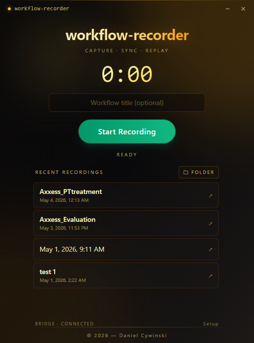 Workflow Recorder desktop app showing the brand wordmark, capture timer, title field, Start Recording button, and recent recordings list