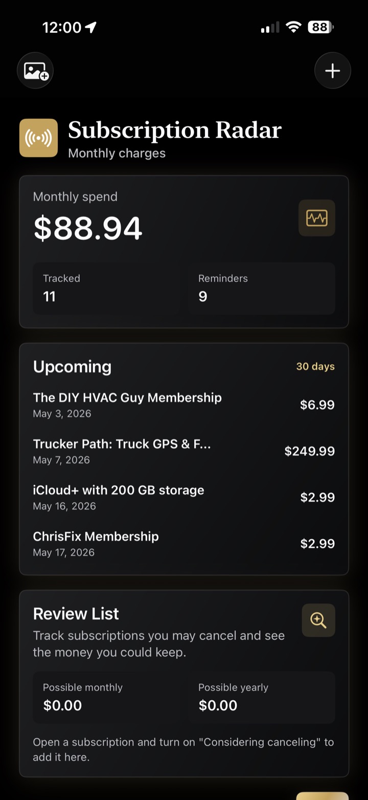 Subscription Radar iPhone app screenshot