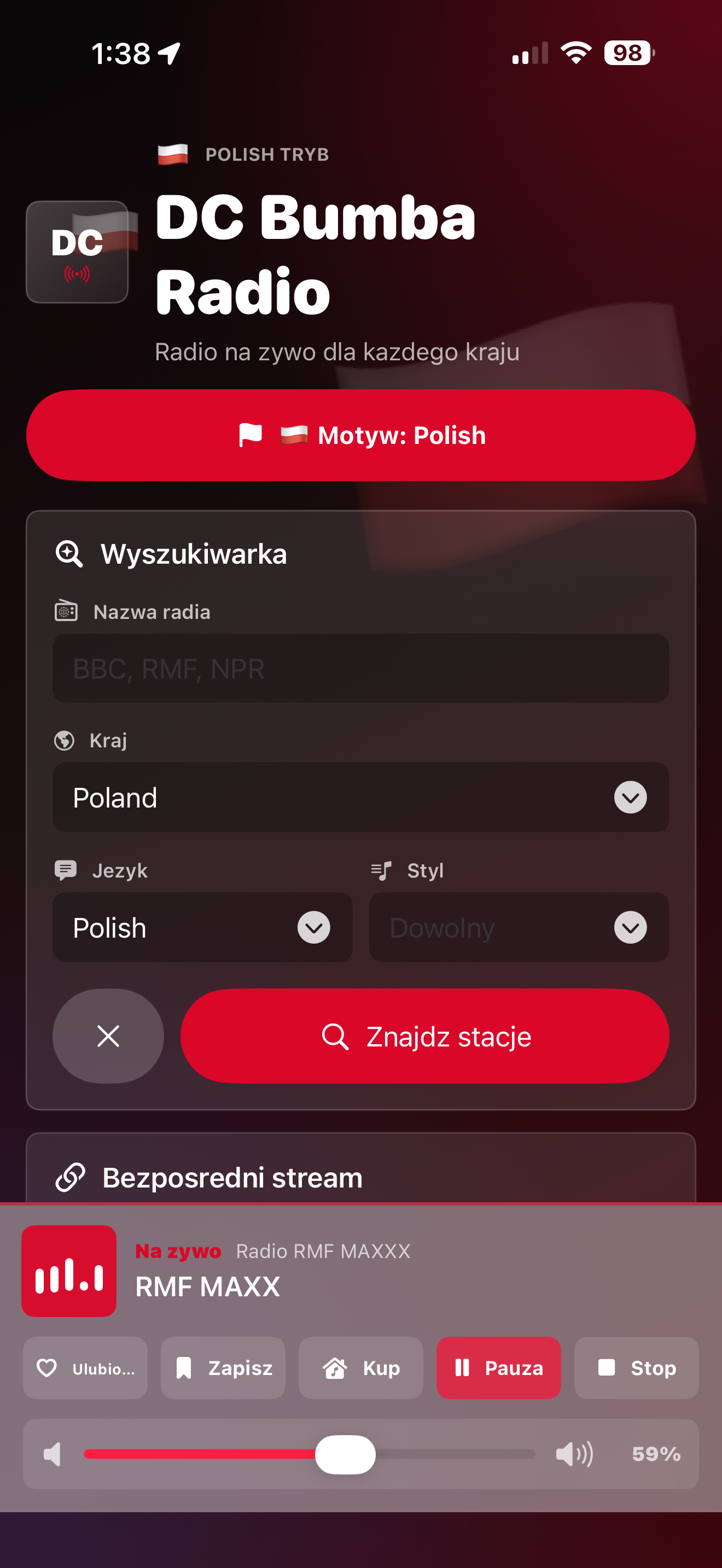 DC Bumba Radio real iPhone screenshot showing Polish mode, station search, and player controls