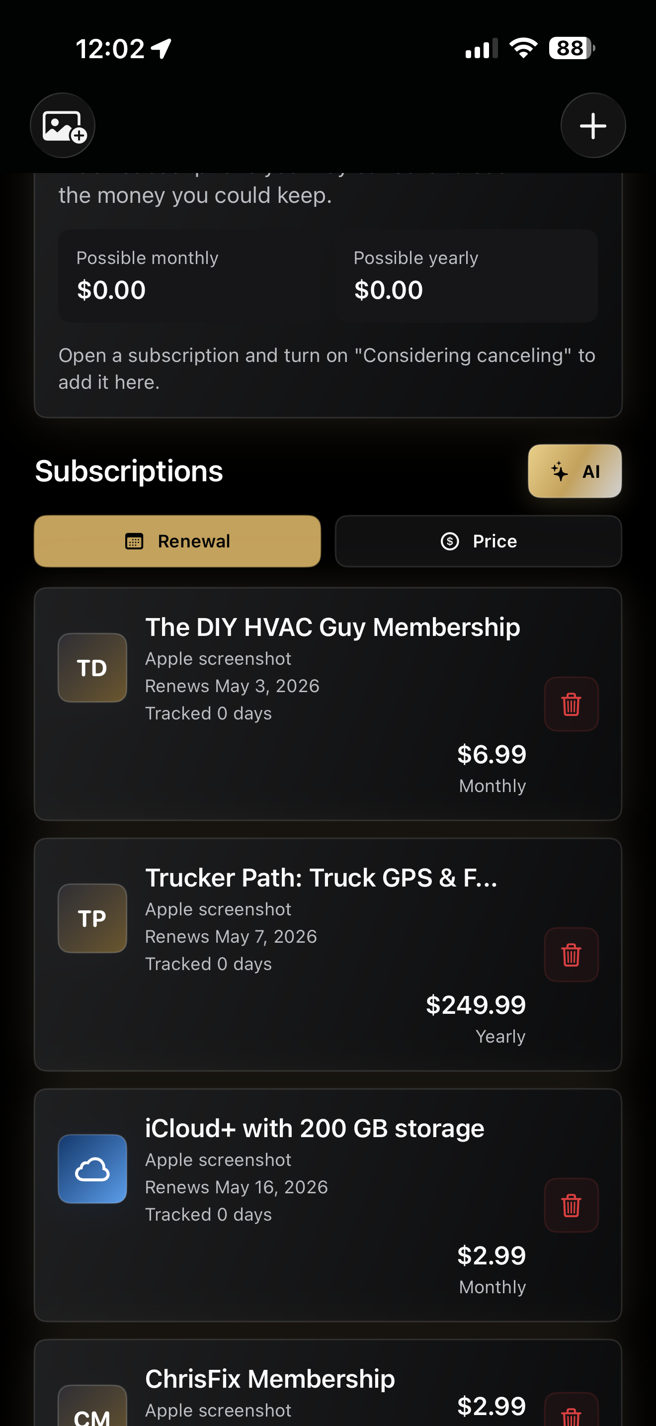 Subscription Radar real iPhone screenshot showing subscription list and renewal sorting